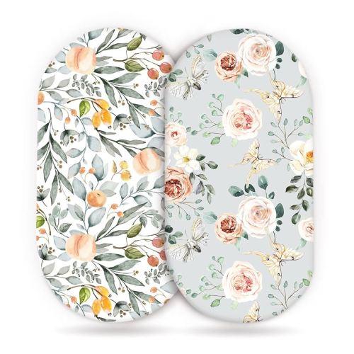 GRSSDER Stretchy Ultra Soft Fitted Bassinet Sheet Set 2 Pack for Girls Universal Fit for Baby Cradle Moses Basket Oval Rectangle Mattress, Watercolor Flowers and Fruits