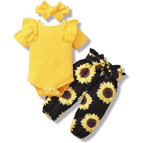 Baby Girl Clothes Infant Girl Ruffle Ribbed Romper Floral Pants Set Cute Newborn Girl Clothes