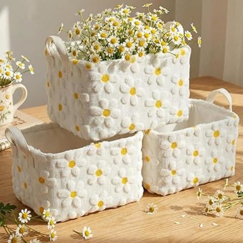 3 Pcs Daisy Storage Baskets Plush Faux Fur Jacquard Design