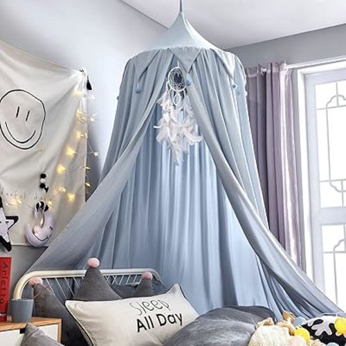 Bed Canopy for Girls, Round Dome Hanging Canopy for Baby Brib Kids Bed Room Decor Reading Nook Indoor Outdoor Playing Castle (Grey Blue)