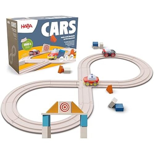 HABA Cars - My First Racetrack, 27 Piece Sustainable Kids' Race Track Set, Battery-Free Push and Go Cars, Ideal STEM Toys for Toddlers Ages 2+