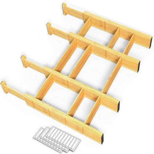 Set of 4 Bamboo Expandable Drawer Dividers with Labels,with 9 Inserts (13.25-17in)