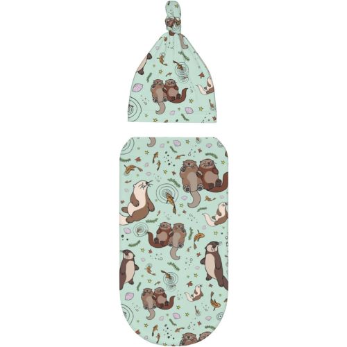 Cute Sea Otters Newborn Swaddle Blankets Beanie Hat Sets, Soft Otter Baby Stuff Blanket Swaddle Sack for Baby Shower Infant Boy and Girl Gift