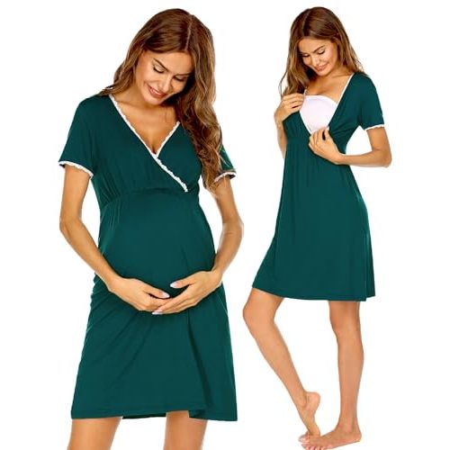 Ekouaer Nursing Nightgown Labor and Delivery Gown Dress Maternity Pajamas | Nursing Pajamas Short Sleeve Birthing Gown, Lace Trim V Neck Breastfeeding Gown, Postpartum Outfits