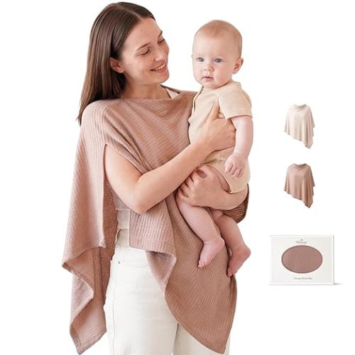 Konssy Nursing Cover for Breastfeeding, Soft & Breathable Privacy Poncho, Multi-Use Feeding Shawl, Comfortable & Portable Breastfeeding Cover for Women (Beige)