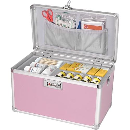 Medicine Box with Combination Lock - 10"x6"x6.7" First Aid Safe Medication Storage Case, Personal Items Safe Case for Hospital & Home & Outdoor 【Pink】