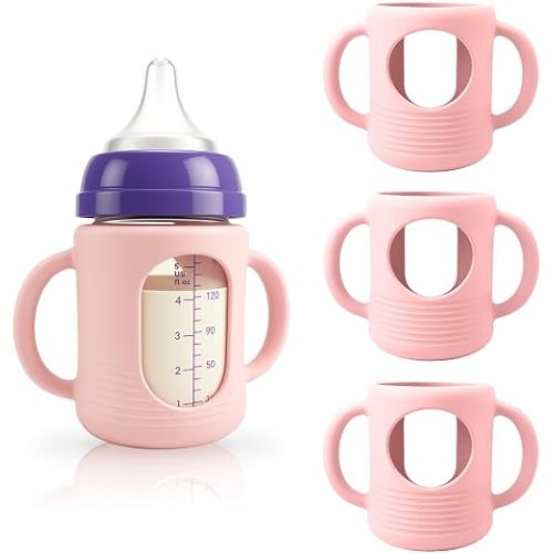 3-Pack Silicone Sleeves for New Lansinoh & Pigeon Glass Baby Bottle, BPA-Free Drop-Resistant Baby Bottle Sleeves with Handles, Compatible with New Lansinoh & Pigeon Glass Bottles (5 oz)