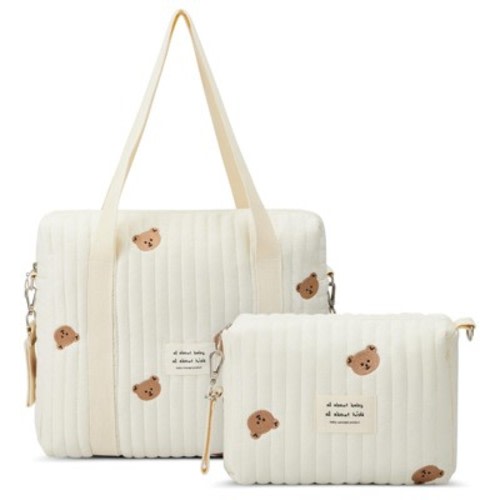 Itopfox 2-Piece Diaper Bag Set for Women, Quilted Cotton Maternity Tote with Cute Bear Design, Multifunctional and Lightweight