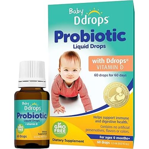 Ddrops Baby Probiotic with Vitamin D, 60 Drops - Colic Symptom Relief for Newborns and Infants - Easy-to-Use, Just One Drop Daily, No Sugar, Non-GMO, Allergy-friendy