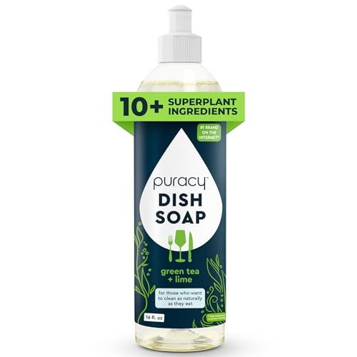 Puracy Natural Dish Soap - Skin-Softening Plant-Based Dishwashing Soap, Non-Toxic Dish Soap, Organic Liquid Dishwashing Detergent Soap (Green Tea & Lime, 16 fl oz)