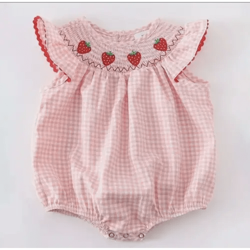 STRAWBERRY PLAID SMOCKED ROMPER — Teddy & Co