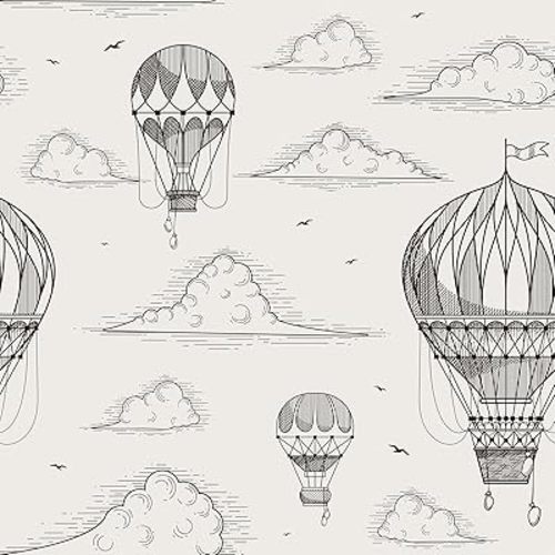 VEELIKE Charcoal Air Balloons Peel and Stick Wallpaper Retro Hand Draw Clouds Kids Wallpaper for Bedroom Nursery 17.7''x354'' Removable Prepasted Wall Décor Self Adhesive Black and White Contact Paper