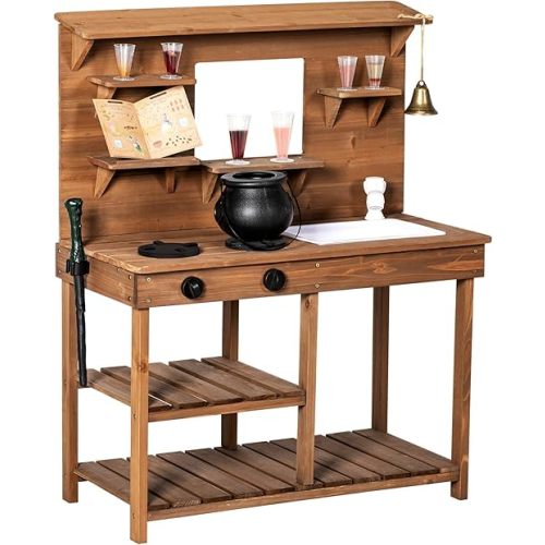 BRINJOY Mud Kitchen Playset for Kids, Wooden Magic Kitchen Set w/Wand, Recipe, Removable Sink, Faucet, Stove, Toddler Outdoor Pretend Play Kitchen, Witch Role Play, Fairy Potion, Gift for Boys Girls