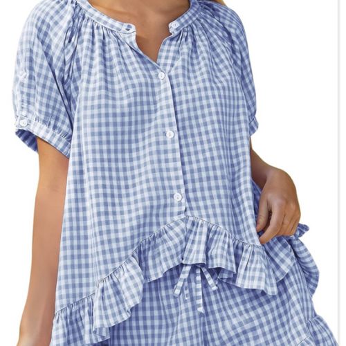 PEHMEA Women's Gingham 2 Piece Pajama Set Cotton Pj Ruffle Babydoll Short Sleeve Shirt Lounge Shorts Summer Outfits