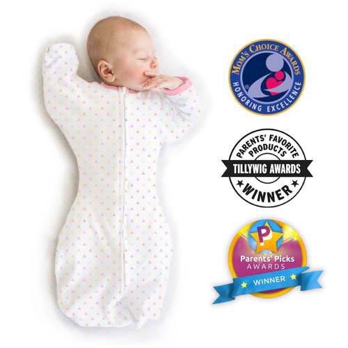 SwaddleDesigns Transitional Swaddle Sack with Arms Up Half-Length Sleeves and Mitten Cuffs, Better Sleep for Baby Girl, Tiny Triangles Shimmer, Pink, Medium, 3-6 Mo, 14-21 lbs