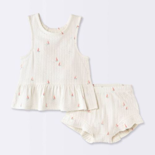 Baby Girls' 2pc Boat Graphic Peplum Tank Top and Ruffle Shorts Set - Cloud Island™ Cream 3-6M