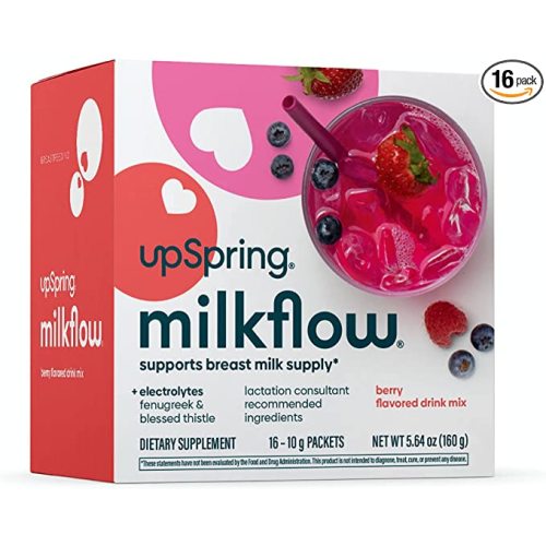 UpSpring Milkflow Electrolyte Breastfeeding Supplement Drink Mix with Fenugreek | Berry Flavor | Lactation Supplement to Support Breast Milk Supply & Restore Electrolytes* | 16 Drink Mixes - 1 Count (Pack of 16)