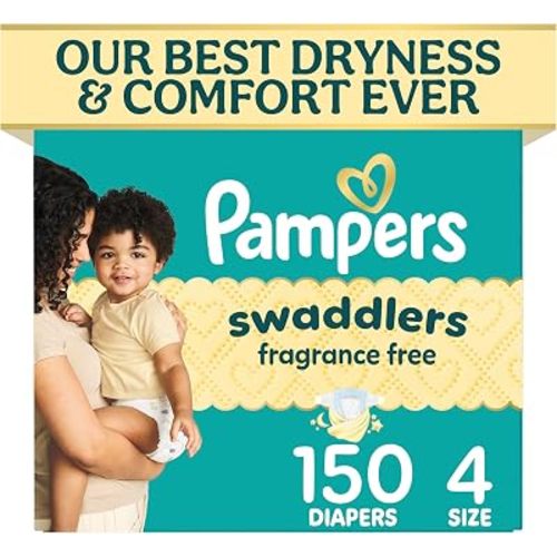 Pampers Swaddlers Diapers, Size 4 (15-34 lbs), 150 Count, Fragrance Free, Hypoallergenic, Absorbent, Pediatrician Recommended, Skin Safe