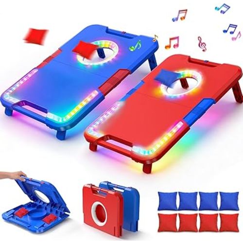 Light-Up Cornhole Board Set, Corn hole Sets with Sound Effects, 2 Foldable Boards & 8 Bean Bags, Portable Outdoor Toss game, Backyard Party Camping Toys Gifts for Kids,Teens,Family,Ages 6-12+