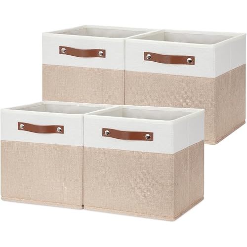 HNZIGE Fabric Storage Baskets Cubes Bins for Shelves, 11 x11 Foldable Storage Bins, Decorative Storage Basket with Leather Handles for Storage Clothes Home Nursery(White Beige-4Pack)