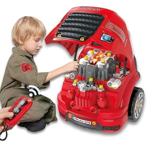 Large Truck Engine Toy — Interactive Steering Wheel, Engine Building Kit & Kids Mechanic Tool Set with Light & Sound – 56 PCS Take Apart Toys for Boys Ages 3+
