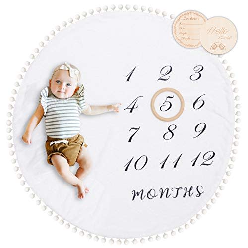 Baby Milestone Monthly Blanket with Double-Sided Milestone Cards and Circle Ring Play Mat Large(43.3" X43.3') Double Sided Pom Pom Ball Thick Flannel Round Rug for Boy Girl, Baby Photography Props