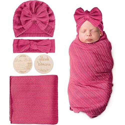 Newborn Receiving Blanket with Bow Hat Headband Wooden Card Set Wheat-Pattern Newborns Toddler Baby Boy Girl Nursery Swaddle Wrap