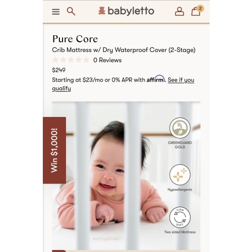 Babyletto Pure Core Crib Mattress w/ Dry Waterproof Cover (2-Stage)