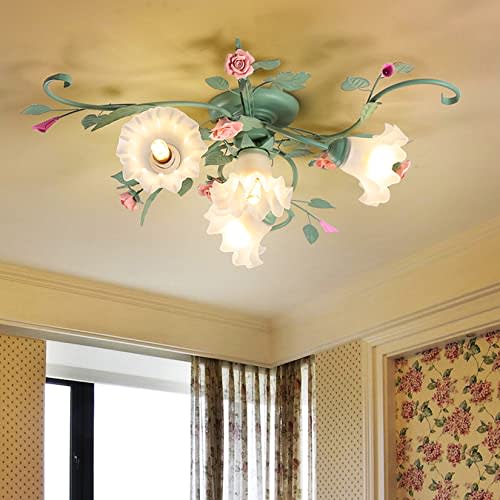 errzom Pastoral Floral Ceiling Lights 4-Light Pink Rose Flush Mount Ceiling Lamp Glass Shade Ceiling Lighting Fixture for Kitchen Island Bedroom Living Room Cafe Bar
