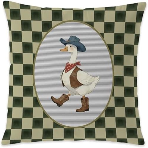 Western Goose Checkered Pillow Cover 18x18, Cowboy Nursery Decor, Green and Beige Plaid Cowboy Goose Decorative Throw Pillow Cover for Toddler Boys Kids Room Nursery Playroom Home