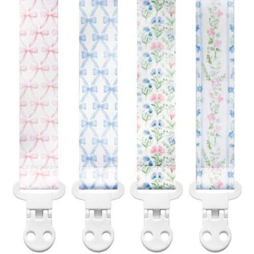 Stadela Baby Pacifier Clip Holder - Girl 4 Pack Gift Set – Vintage Floral Bows Ribbons Flowers French Blue Pink
