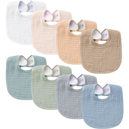 Konssy 8-Pack Muslin Baby Bibs, Adjustable Fit for Drooling and Teething