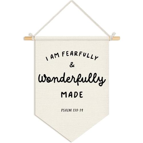 Wheatwin Christian Nursery Decor, I Am Fearfully and Wonderfully Made Wall Hanging Pennant Flag Banner, Bible Verse Wall Decor for Kids Nursery Toddler Room Bedroom Playroom 15x11 Inch