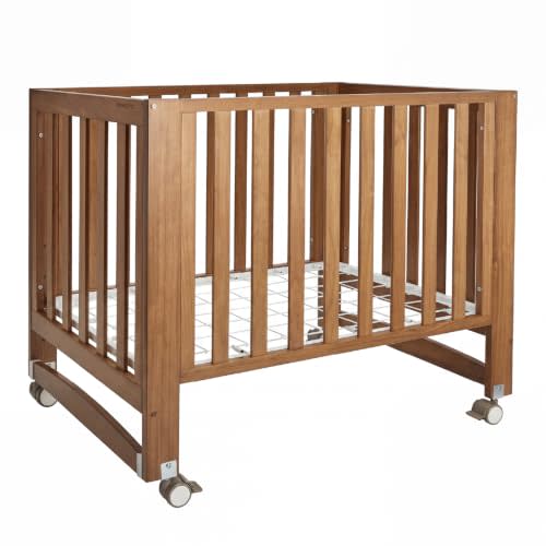 MAMAZING EvoNest 6-in-1 Convertible Baby Mini Crib with Wheels | GREENGUARD Gold Certified, New Zealand Pine Wood, 4 Adjustable Heights, Rocking Mode, Small Spaces Design, Walnut Brown