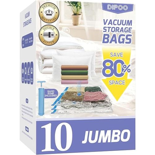 10 Pack Jumbo Vacuum Storage Bags with Hand Pump, 80% Storage Space Saving, Sturdy Leak-Free Space Saver Vacuum Seal Bags for Clothing, Vacuum Compression Bags for Travel Lugggage Blankets Comforters