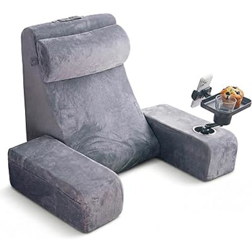 Reading Pillow for Adults – 24” XL Memory Foam Backrest with Detachable Arms, Cup Holder, Phone Caddy & Adjustable Tray Mount | Back Pillow for Bed Sitting Up, Reading, TV & Recovery