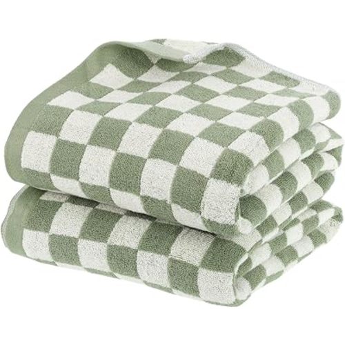 2 PCS Green and White Checkered Bath Towels Set, Luxury Cotton Bathroom Shower Towels Body 55” x 27.5” Super Soft & Absorbent, Quick Dry, Green Checkered Towels for Bathroom Decor