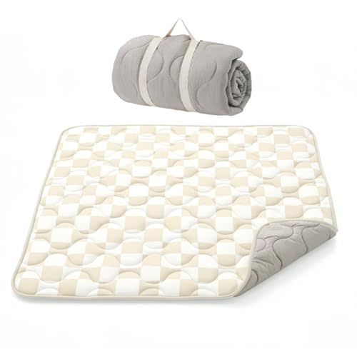 Momcozy Baby Play Mat for Floor, 50x50 Thickened Playpen Mat, Playmate for Baby Tummy Time, Waterproof & Non-Slip, Foldable Outdoor Mat with Carrying Handle, Khaki Plaid