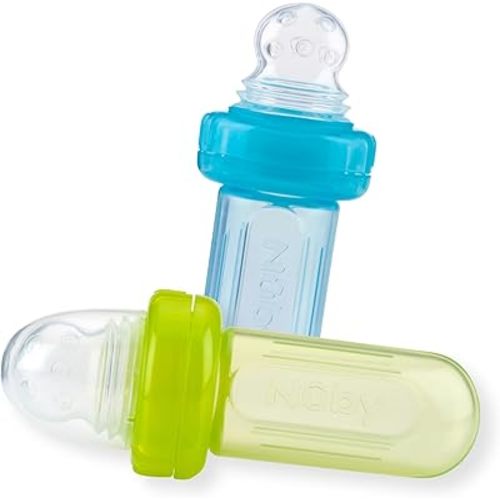 Nuby 2pk EZ Squee-Z Silicone Self Feeding Baby Food Dispenser, 2-Pack, Aqua and Green