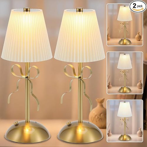 2 Pack Cordless Table Lamp,Small Gold Bow Night Light,LED Rechargeable Reading Lights,3 Color Stepless Dimmable Touch Control Bedside Lamp,Bedroom Living Room Bar Desk Lamp Home Decor Ambient Lighting