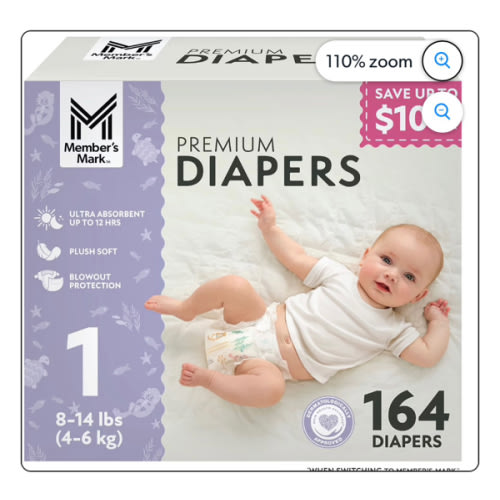 Member's Mark (Sam’s Club) Premium Baby Diapers, Size 1