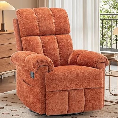 Recliner Chair, Swivel Rocker Recliner Chair for Adults, Small Recliners for Small Spaces, Manual Recliner with Side Pockets, Upholstered Nursery Rocking Chair for Living Room, Chenille, Orange
