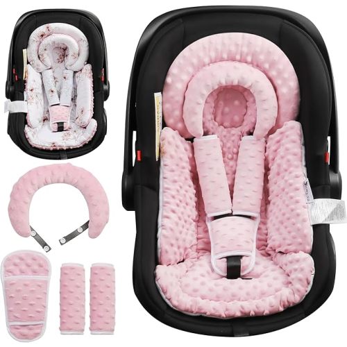Infant Car Seat Insert with Removable Cushion for Baby Preemie Newborn Infant, Reversible carseat Insert Head Body Support Fits for Stroller, Baby Swing, Rocker, Bouncer, Bassinet - Pink