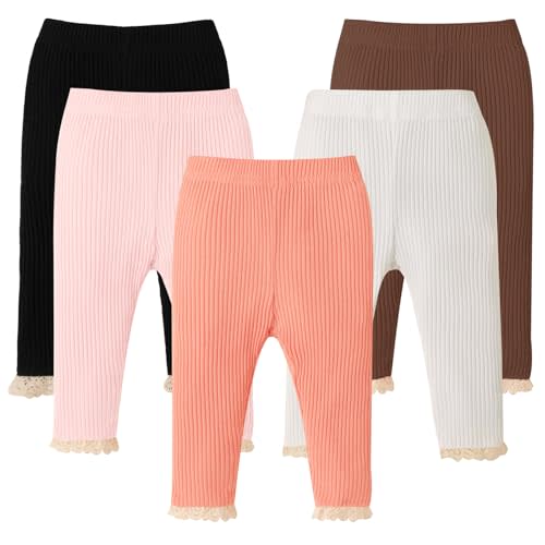 DREAM BUS 5 Pack Baby Girl Pants Toddler Girl Solid Ribbed Pants with Lace Trim Newborn Cotton Leggings Infant Jogger Pants