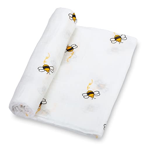 LollyBanks Muslin Swaddle Blankets, 100% Organic Cotton Receiving Blanket | 47" x 47", Breathable Newborn Blanket for Receiving, Swaddling, Nursery, Boys & Girls (Bee Print)