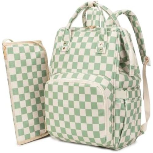 Baby Diaper Bag Backpack for Mom, Large Capacity Baby Essentials Travel Tote, Multifunction Baby Bag with Changing Pad, Stroller Straps, Pacifier Case, Baby Shower Gifts, Corduroy Checkered Green