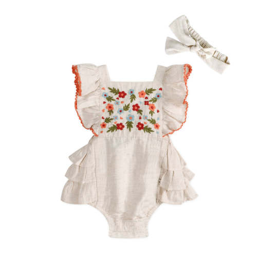 Anya Embroidered Baby Romper + Headband (Linen Blend) - Linen / 6-12M