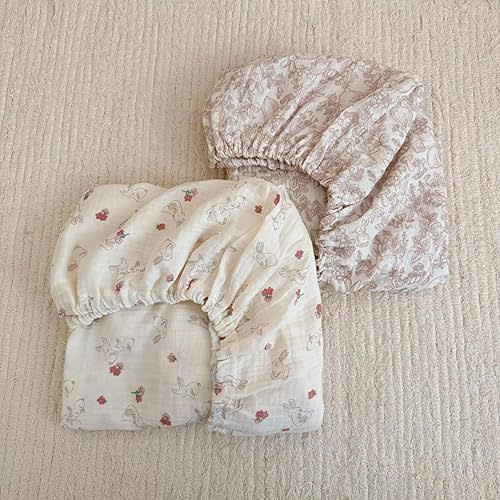 BuLuTu 100% Cotton Muslin Crib Sheets for Girls Boys, Soft Breathable Baby Sheets for 52"x28" Standard Crib Mattress, 2 Pack Toddler Fitted Sheets Nursery Decor, Forest & Rabbit
