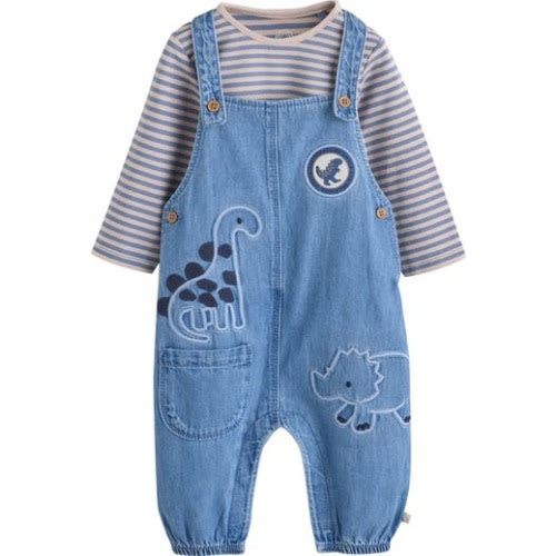 Dinosaur Denim Overalls & Stripe Top Set, 3-6M