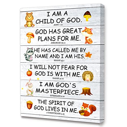 LISTNGBO Bible Verses Canvas for Kids, I Am Child Of God Scripture Wall Art, Christian Religious Wall Decor, Ready to Hang for Nursery/Classroom/Bedroom, 12" x 15